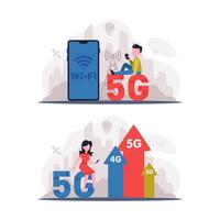 5G Network Wireless Technology with Man and Woman Using High-speed Internet Set vector