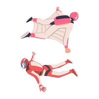 Man Parachutist Skydiving in Wingsuit and Free-falling in the Air Descenting on the Earth Set vector