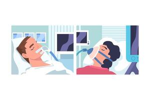 Young Man and Woman Patient in Hospital Lying on Bed with Mask Having Artificial Lung Ventilation Being in Critical Condition Set vector