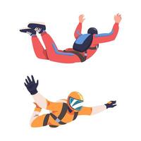 Man Parachutist Skydiving and Free-falling in the Air Descenting on the Earth Set vector