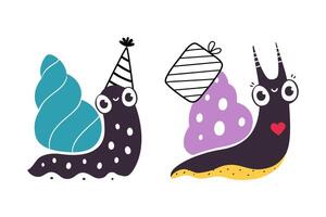 Cute Snail Character with Shell Carrying Gift Box on Its Back Set vector