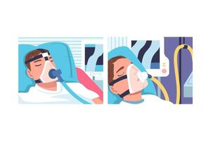 Young Man Patient in Hospital Lying on Bed with Mask Having Artificial Lung Ventilation Being in Critical Condition Set vector