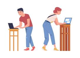 Man and Woman Character Working at Laptop Rested on Stool Set vector