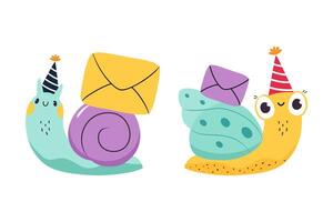 Cute Snail Character with Shell Carrying Envelope on Its Back Set vector