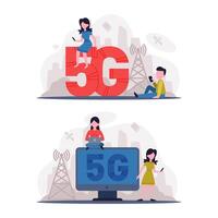 5G Network Wireless Technology with Man and Woman Using High-speed Internet Set vector