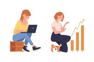 Woman Character Working at Laptop and with Growing Chart Set vector