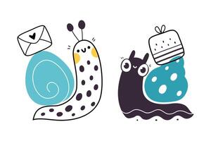 Cute Snail Character with Shell Carrying Envelope and Gift Box on Its Back Set vector