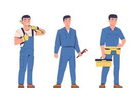 Man Electrician in Uniform with Wrench and Toolbox Set vector