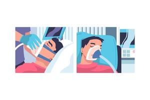 Young Man Patient in Hospital Lying on Bed with Mask Having Artificial Lung Ventilation Being in Critical Condition Set vector
