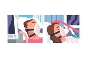 Young Man and Woman Patient in Hospital Lying on Bed with Mask Having Artificial Lung Ventilation Being in Critical Condition Set vector