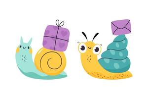 Cute Snail Character with Shell Carrying Envelope and Gift Box on Its Back Set vector