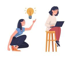 Woman Character Working at Laptop and Having Idea with Lightbulb Set vector