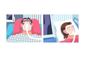 Young Man and Woman Patient in Hospital Lying on Bed with Mask Having Artificial Lung Ventilation Being in Critical Condition Set vector