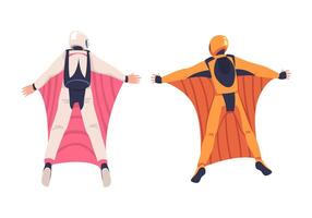 Man Parachutist Skydiving in Wingsuit and Free-falling in the Air Descenting on the Earth Set vector