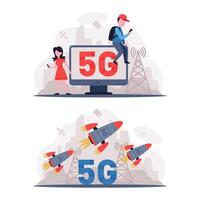 5G Network Wireless Technology with Man and Woman Using High-speed Internet Set vector