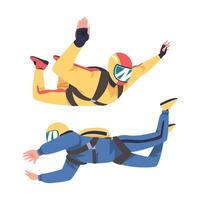 Man Parachutist Skydiving and Free-falling in the Air Descenting on the Earth Set vector