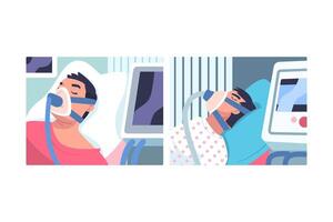 Young Man Patient in Hospital Lying on Bed with Mask Having Artificial Lung Ventilation Being in Critical Condition Set vector