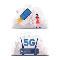5G Network Wireless Technology with Woman Using High-speed Internet Set vector