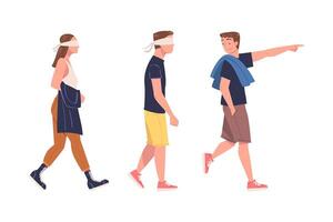 Man and Woman Character Wearing Blindfold Following One Person Trusting Him Set vector