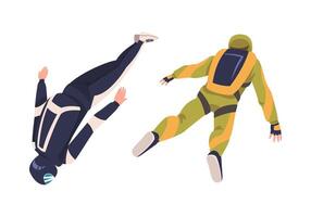 Man Parachutist Skydiving and Free-falling in the Air Descenting on the Earth Set vector