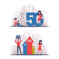 5G Network Wireless Technology with Man and Woman Using High-speed Internet Set vector