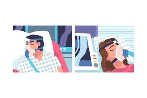 Young Man and Woman Patient in Hospital Lying on Bed with Mask Having Artificial Lung Ventilation Being in Critical Condition Set vector