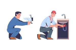 Man Plumber in Uniform with Wrench Fixing Pipe Under Sink Set vector
