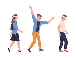 Man and Woman Character Wearing Blindfold Following One Person Trusting Him Set vector