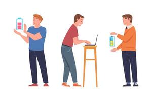 Man Character Working at Laptop and Standing with Battery Set vector