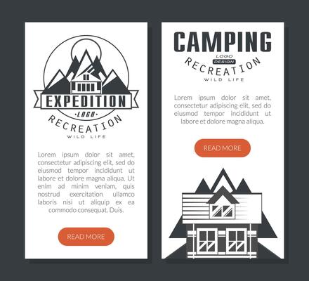Camping and recreation landing page template. mountain expedition, trekking and hiking website, homepage flat