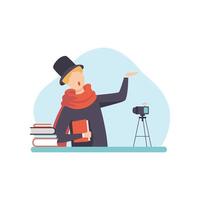 Male Poet Reading His Poems, Man Blogger Creating Content about His Hobby and Posting It on Social Media, Online Channel Concept Illustration vector