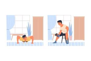 Man Character Doing Sport at Home in Plank and Dumbbell Set vector