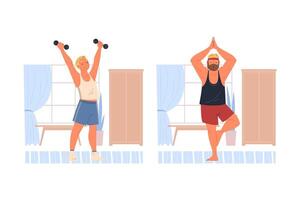 Man Character Doing Sport at Home with Dumbbell and Standing in Yoga Asana Set vector