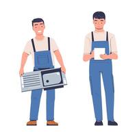 Man Plumber in Uniform with Sink and Writing Something in Paper Set vector