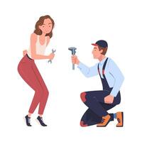 Man and Woman Character Working Holding Wrench Tool Set vector