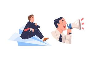 Promotion with Man Character Engaged in Marketing and Advertisement Campaign Shouting in Megaphone and Flying on Paper Plane Set vector