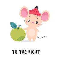 Little Mouse Standing to the Right of Apple as English Language Preposition for Educational Activity Illustration vector