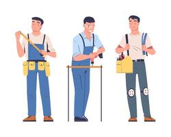 Man Electrician in Uniform with Wire, Drill and Tape Set vector