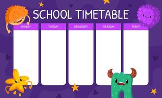 School Timetable with Cartoon Monster Character with Funny Face Template vector