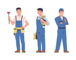 Man Plumber and Electrician in Uniform with Plunger and Wire Set vector