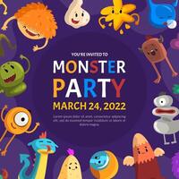 Cartoon Monster Character with Funny Face on Party Invitation Card Template vector