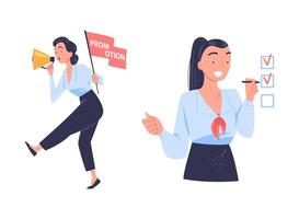 Promotion with Woman Character Engaged in Marketing and Advertisement Campaign with Megaphone and Ticking Checkbox Set vector