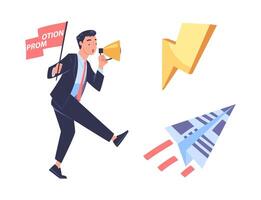 Promotion with Man Character Engaged in Marketing and Advertisement Campaign with Megaphone and Paper Plane Set vector