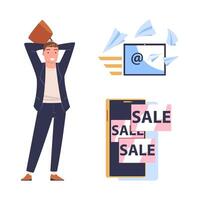 Promotion with Man Character Engaged in Marketing and Advertisement Campaign Set vector