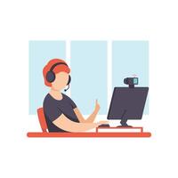Young Man Blogger Creating Content and Posting It on Social Media, Online Channel Concept Illustration vector
