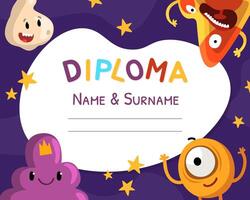 Diploma with Cartoon Monster Character with Funny Face Template vector