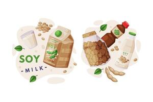 Natural Soy Products from Soybean Plant with Milk, Meat and Sauce Composition Set vector