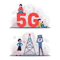 5G Network Wireless Technology with Man and Woman Using High-speed Internet Set vector