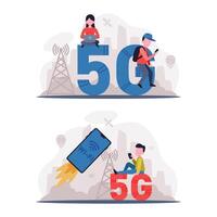 5G Network Wireless Technology with Man and Woman Using High-speed Internet Set vector