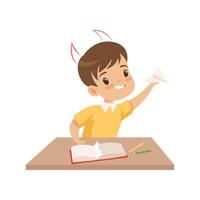 Naughty Boy Ripping Pages of Book and Doing Paper Planes, Bad Child Behavior Illustration vector